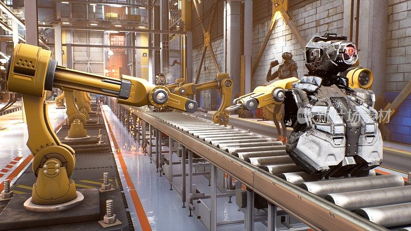 自动化机器人装配线。机器人在工厂的机器人零件生产线上工作。技术和自动化。3 d渲染。